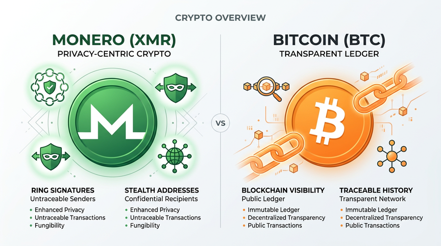 Monero and Bitcoin privacy comparison diagram