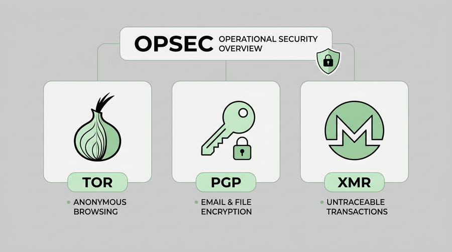 OPSEC operational security diagram with Tor and encryption tools